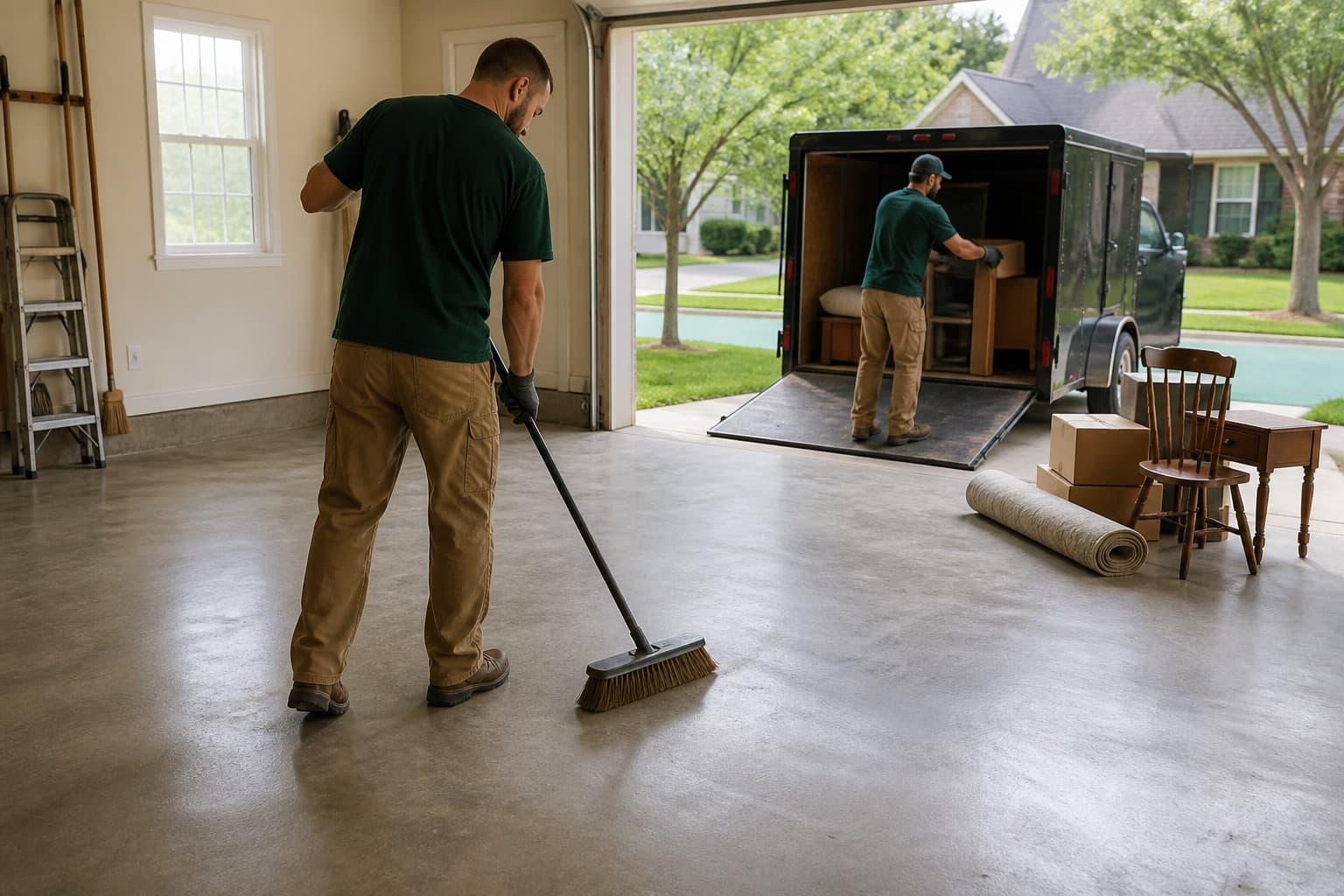 Junk removal crew loading household items while clearing a residential garage.