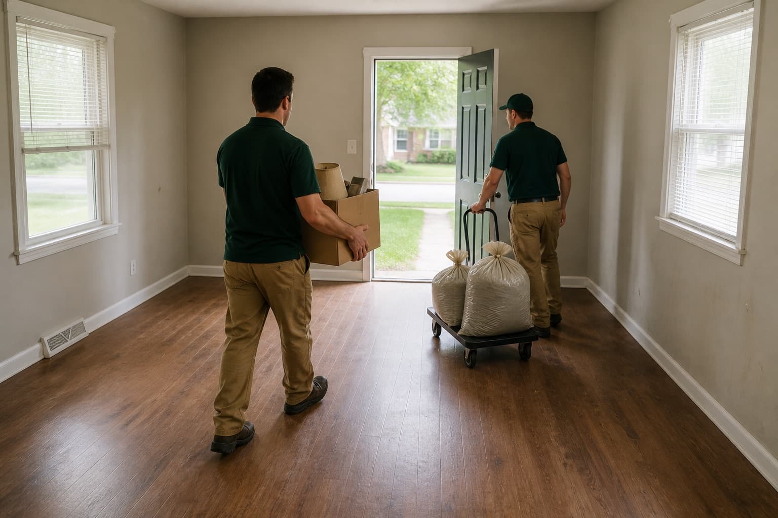Cleanup crew carrying the final items out of a vacant rental living room.